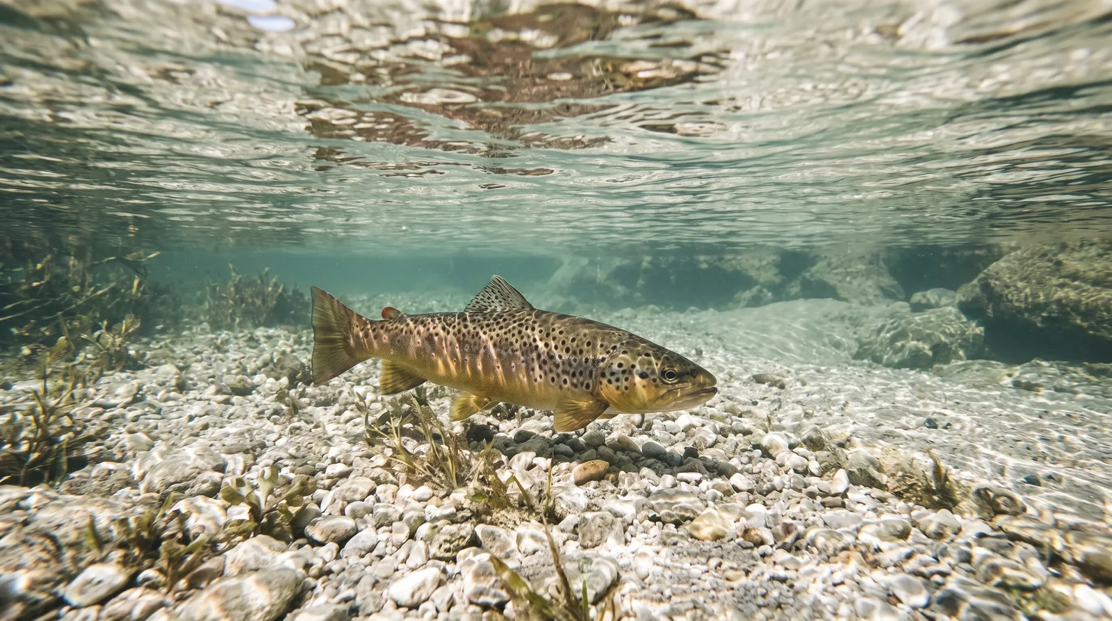 A wild trout holding in clear shallow water over gravel