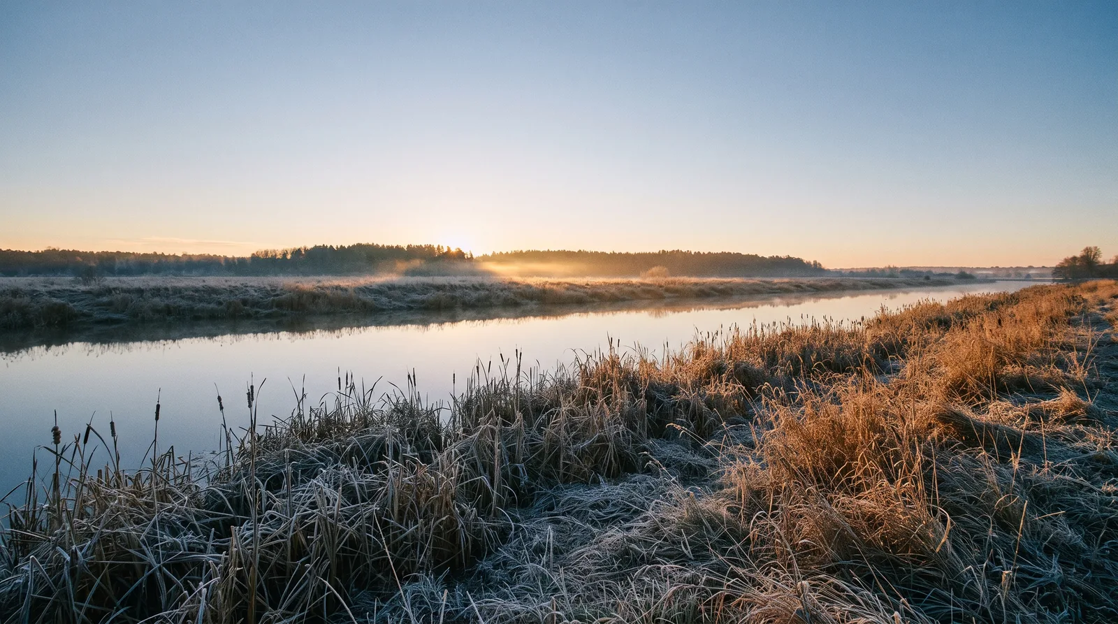 Frost on bankside reeds at dawn beside still water