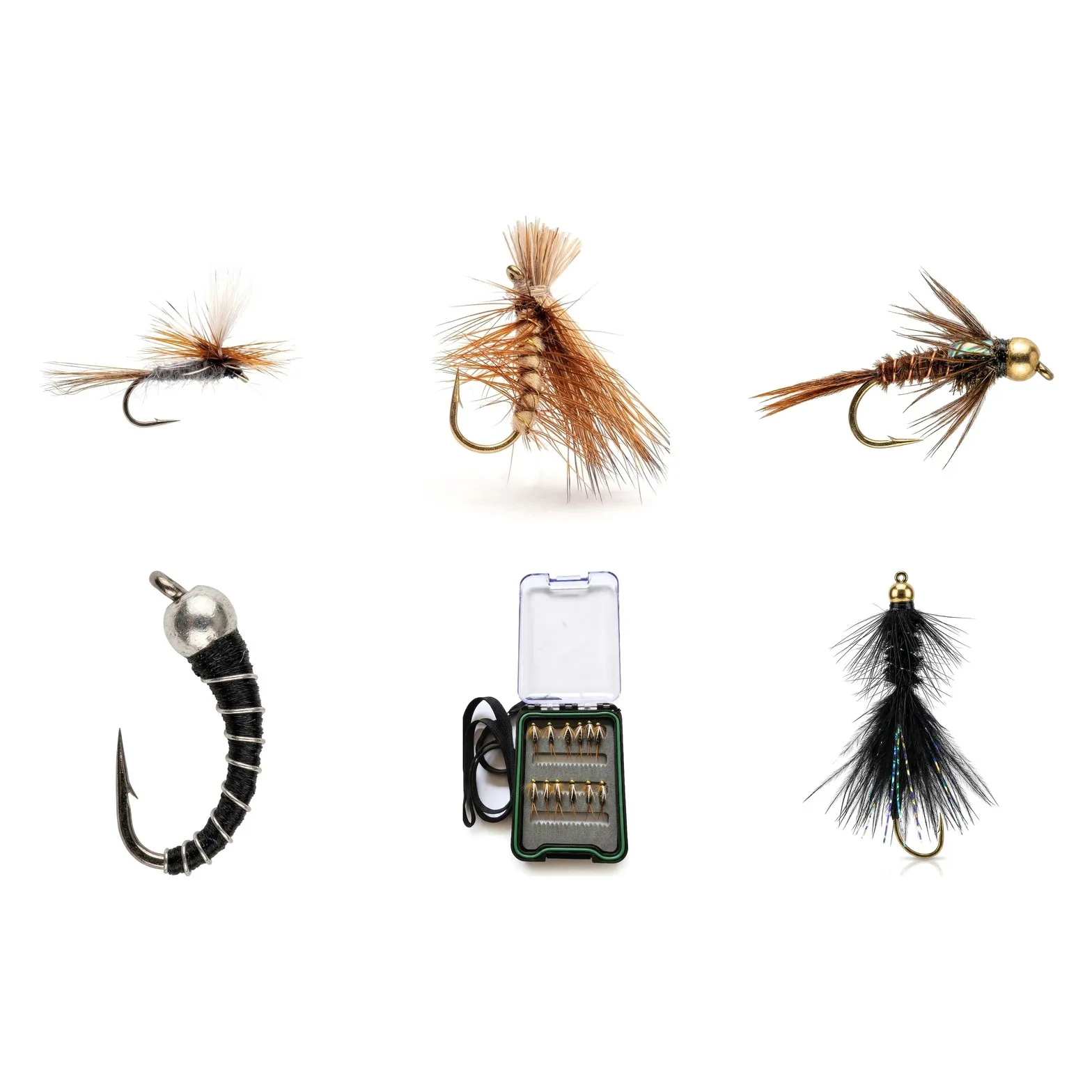The Starter Dozen: six hand-tied trout patterns, two of each