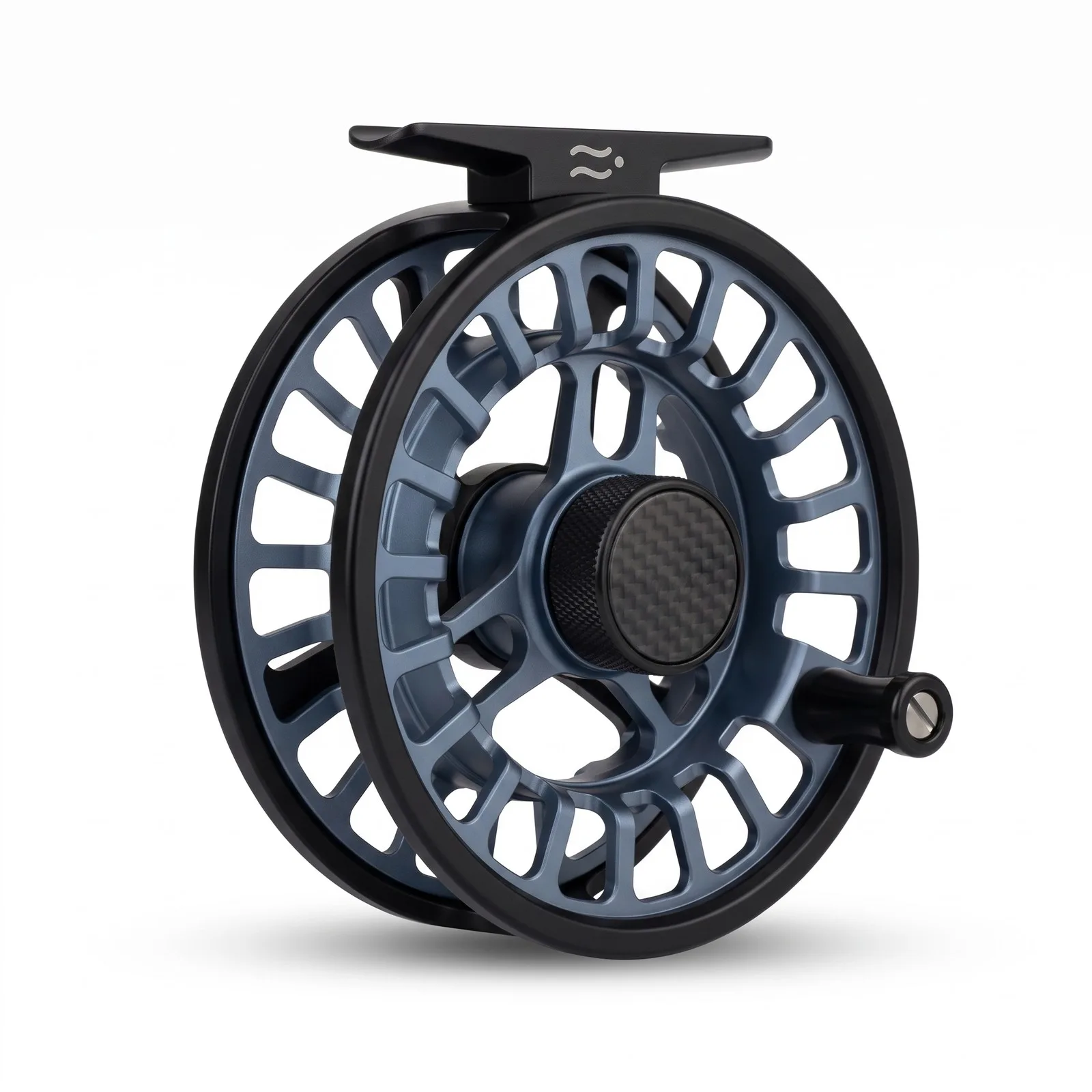 Driftline Seam large-arbor fly reel, matte black with slate-blue spool