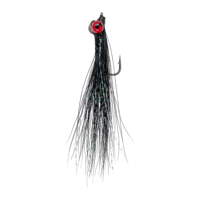 Black Clouser Minnow with a red dumbbell eye, hand-tied