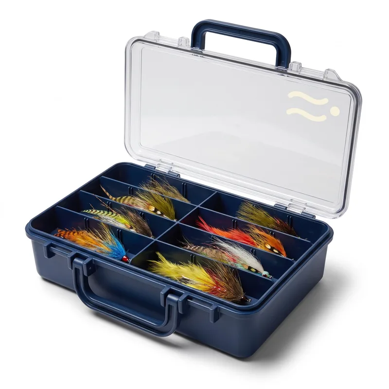 Driftline boat fly box, navy, open with streamers