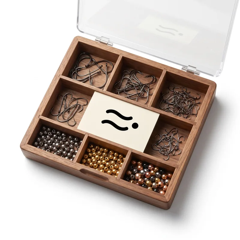 Hook and bead library in a wooden organiser