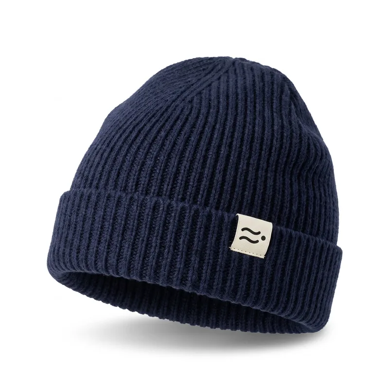 Driftline ribbed knit beanie, navy, woven label