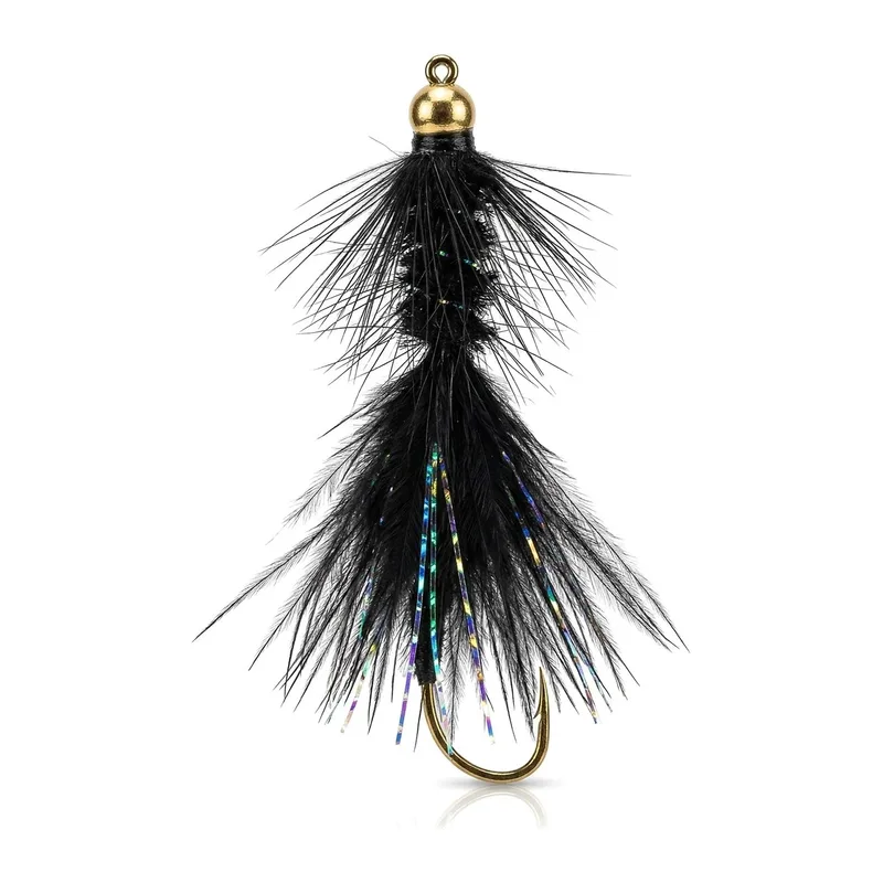 Black bead-head Woolly Bugger with marabou tail