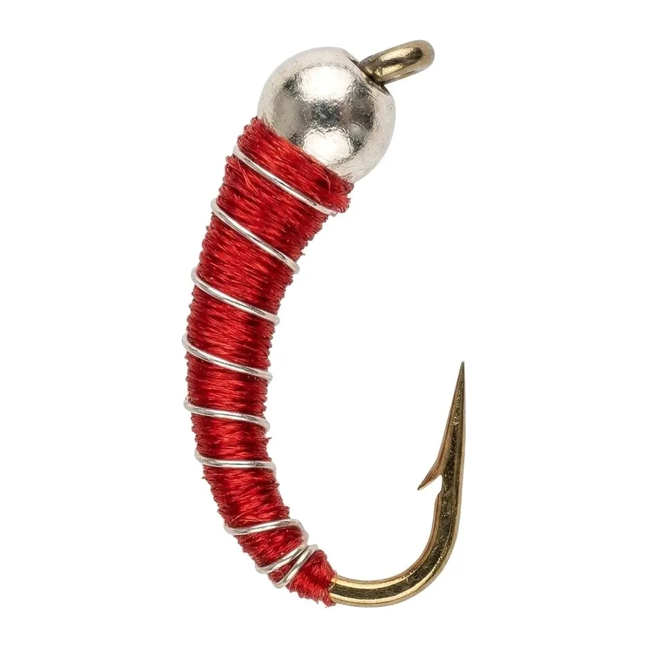 Red Zebra Midge with silver bead and wire rib